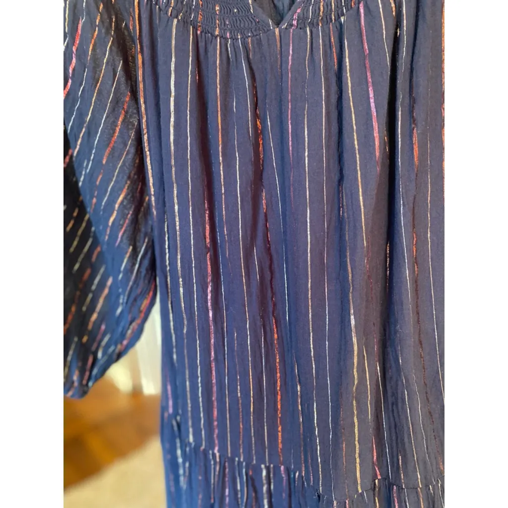 Crown & Ivy Navy Metallic Stripe Maxi Dress Smocked Quiet Luxury Elegant Gala M - Image 4