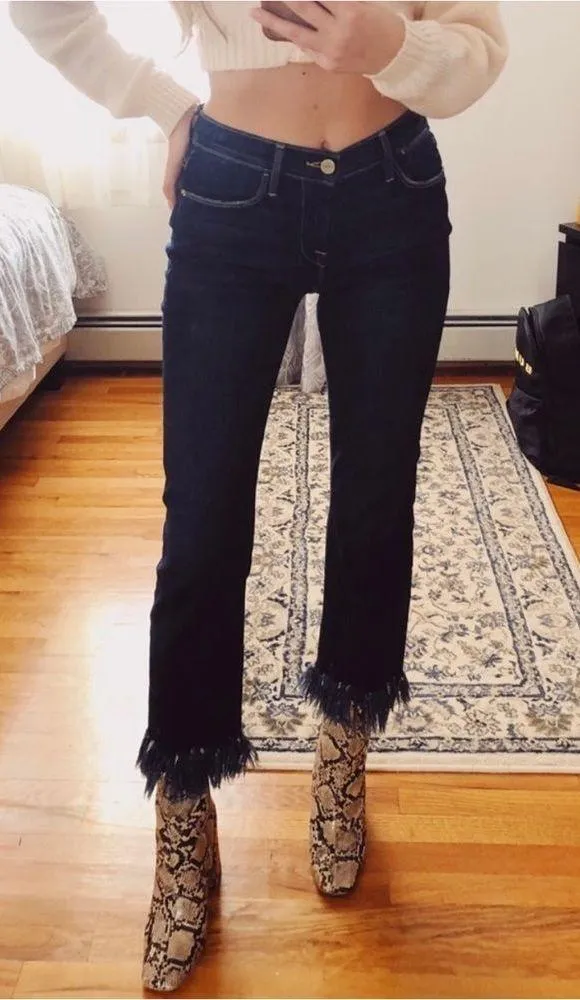 Frame Denim Le High Straight Fringe Hem Jeans in Pine Knoll Dark Wash - Image 3