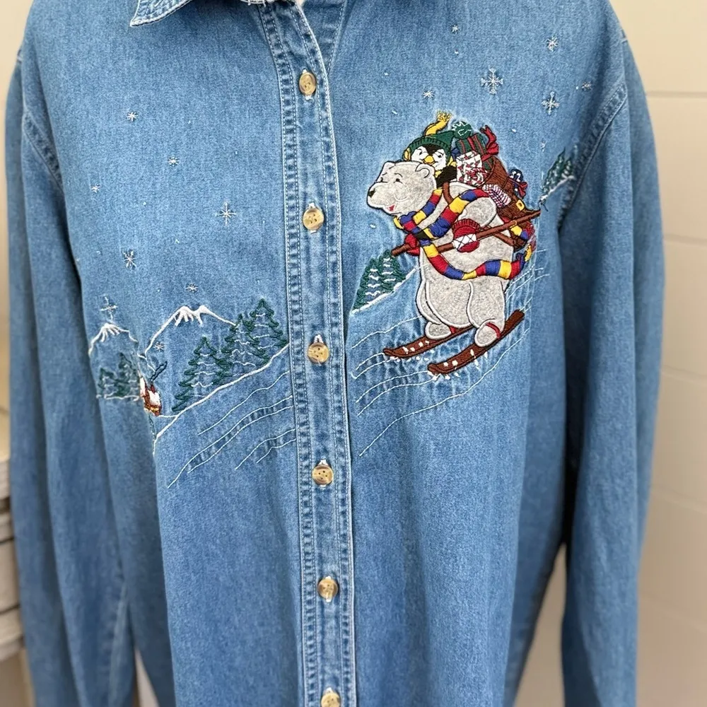 Bobby Brooks Denim Shirt Holiday Bear Penguin Long Sleeve Cotton Size 12 Blue - Image 3