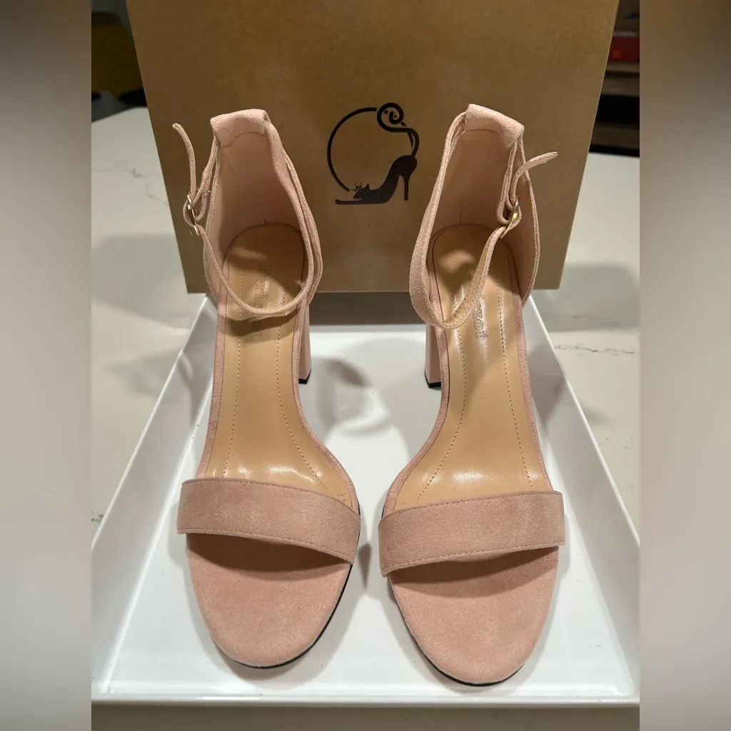 NEW Faux Suede Heels Open Toe Ankle Strap Chunky High Heel Pumps 3.35” 9.5 Pink - Image 4