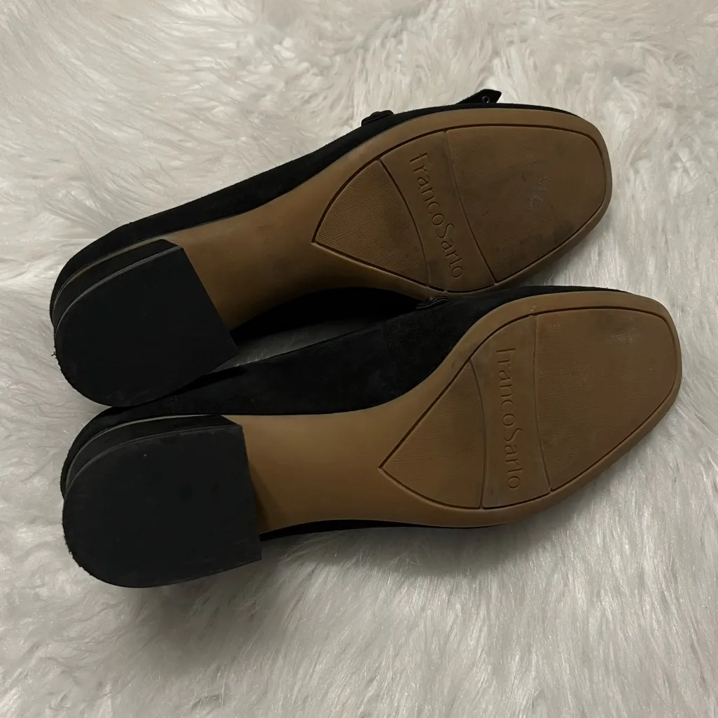 Franco Sarto Block Heel Black Suede Loafer Shoes With Fringe Stud Details Size 8 - Image 5