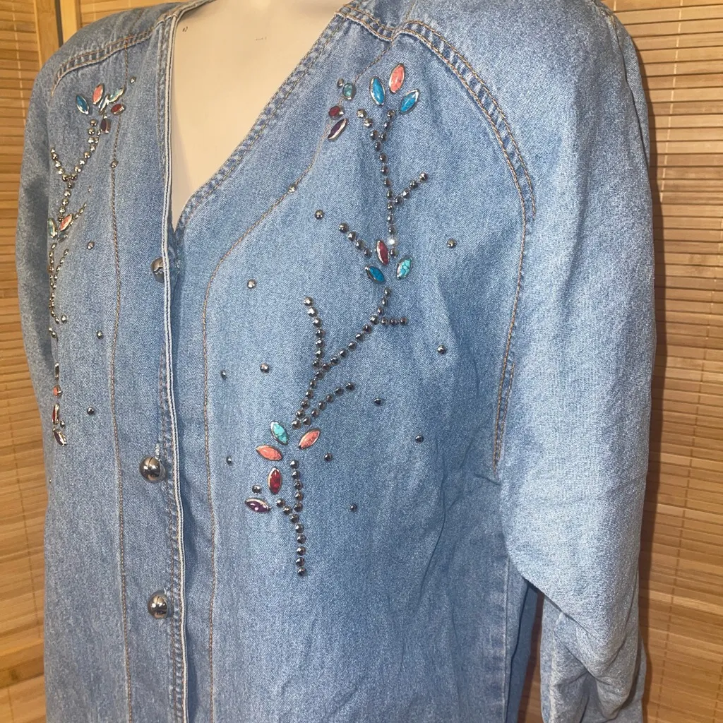 Vintage Bingo Bingo! Denim jean beaded embellished blouse top shirt woman’s 12 L Blue - Image 3