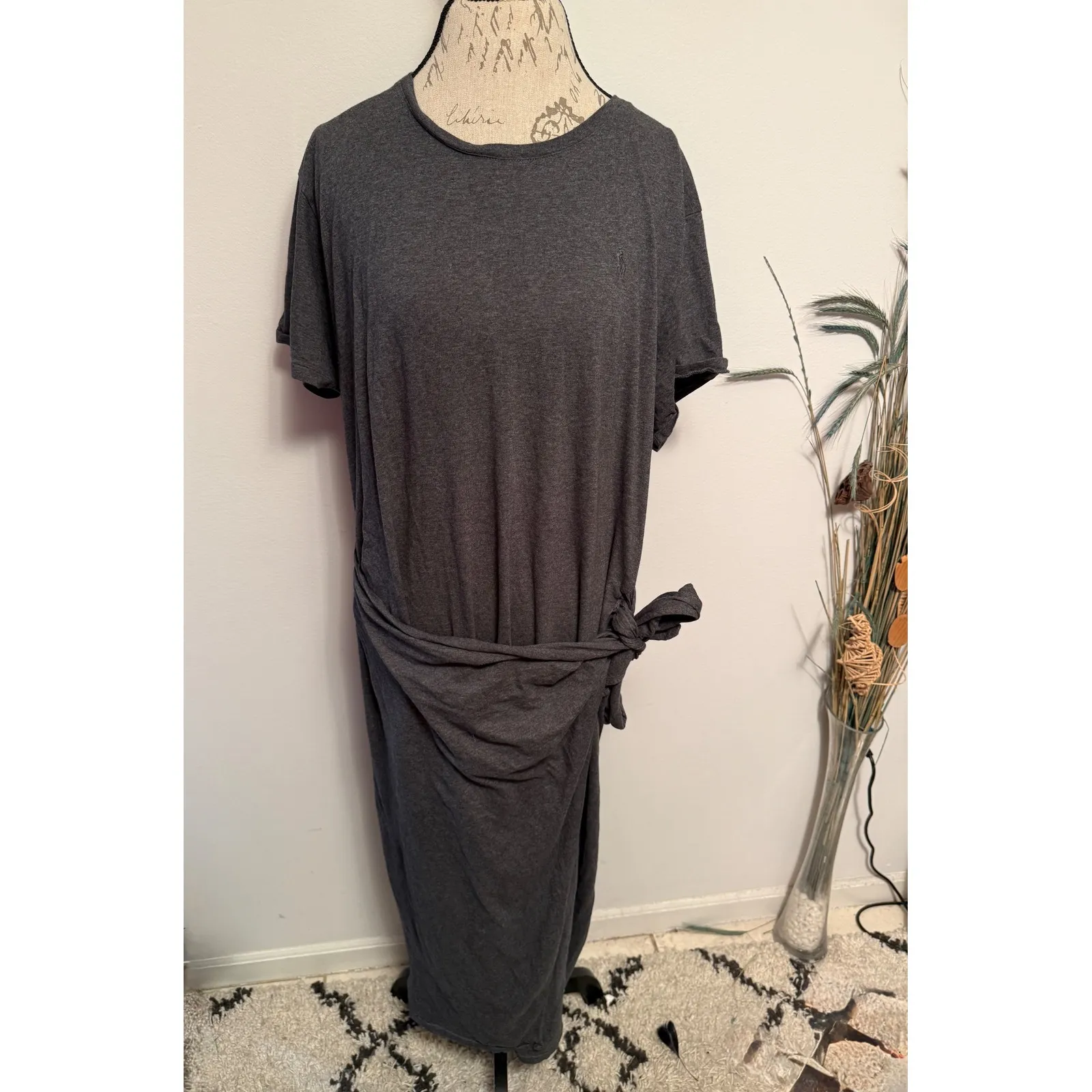 Ralph Lauren Charcoal Gray Tie Waist Knit Dress Short Sleeve Midi size xl wrap - Image 2