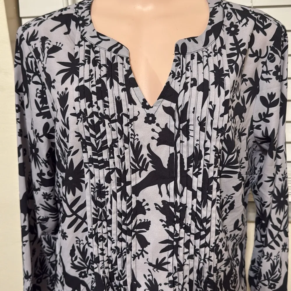 eShakti Pintuck pleat flora fauna print crepe tunic pockets woman size Large 14 - Image 3