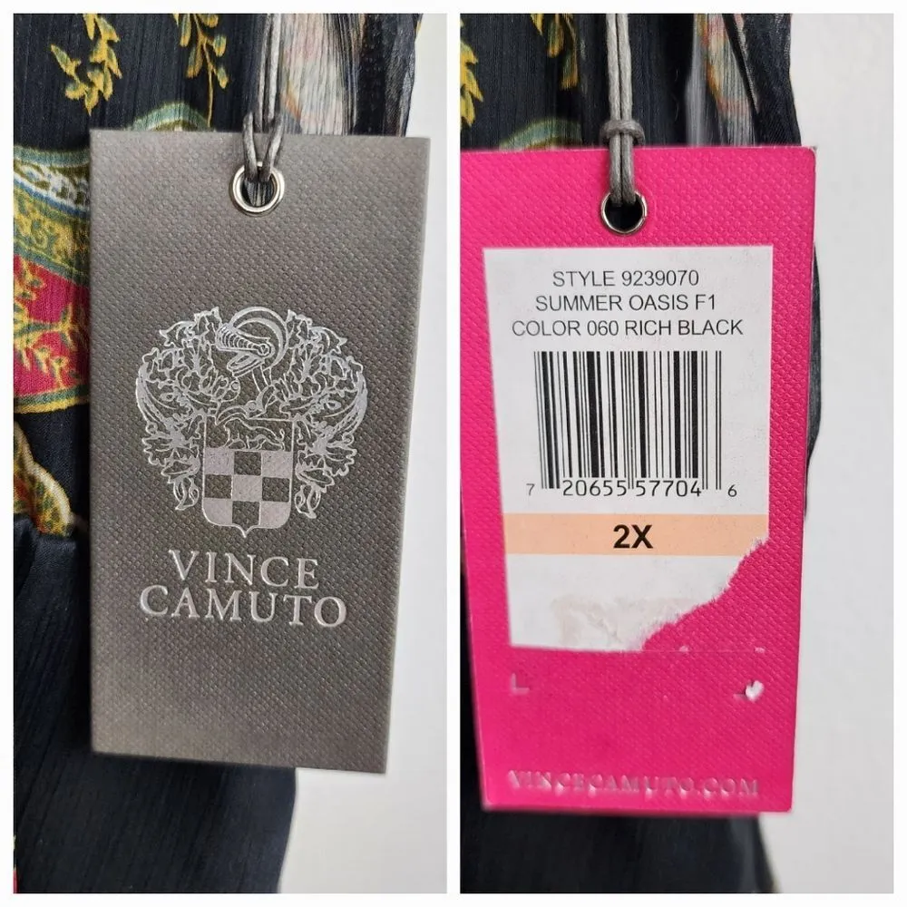 Vince Camuto Asymmetric Blouse Top Paisley Cinch Waist Lined Rich Black Size 2X - Image 7