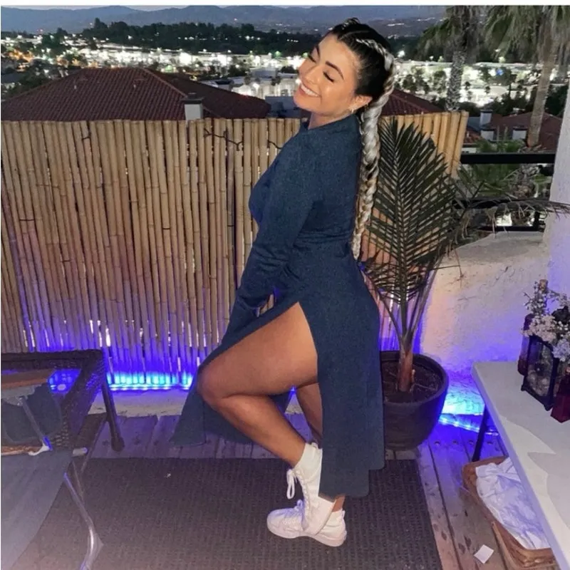 COS Teal Blue Sweater Style Long Sleeve High Side Slit Crewneck Dress size US XS - Image 6