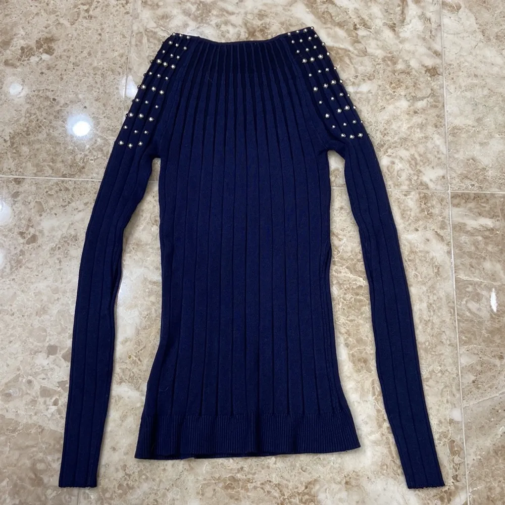 Paris Navy Blue Ribbed Sweater with silver studs on top. Size XS - Image 5