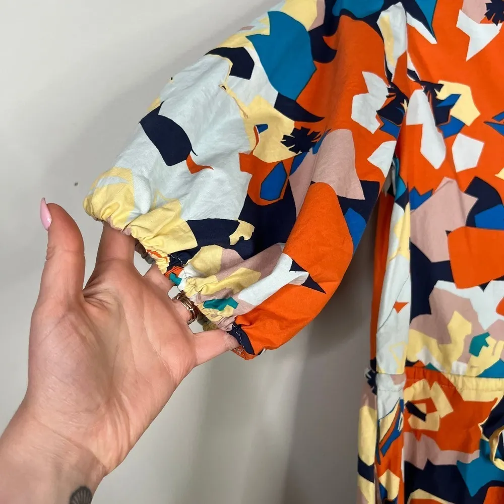 52seven Retro 50s Style Puff Sleeve Button Front Abstract Floral Print Dress Orange Size M - Image 4