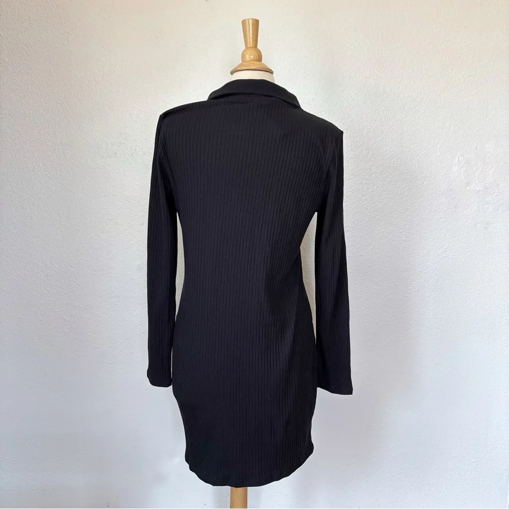 Solid Black Ribbed V-Neck Long Sleeve Collared Dress - Image 8