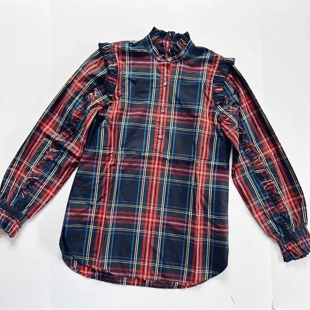NEW J.Crew Classic Fit Ruffle Popover in Black Stewart Tartan XXS - Image 5