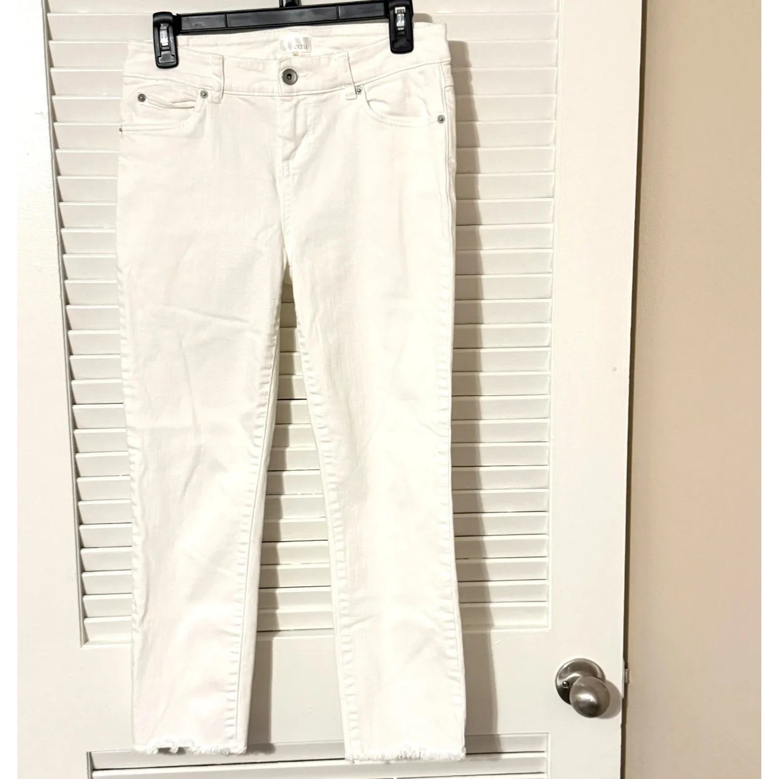 Ecru Ankle Jeans Size 2 Off White Ivory Straight Leg Raw Frayed Hem Fringe - Image 2