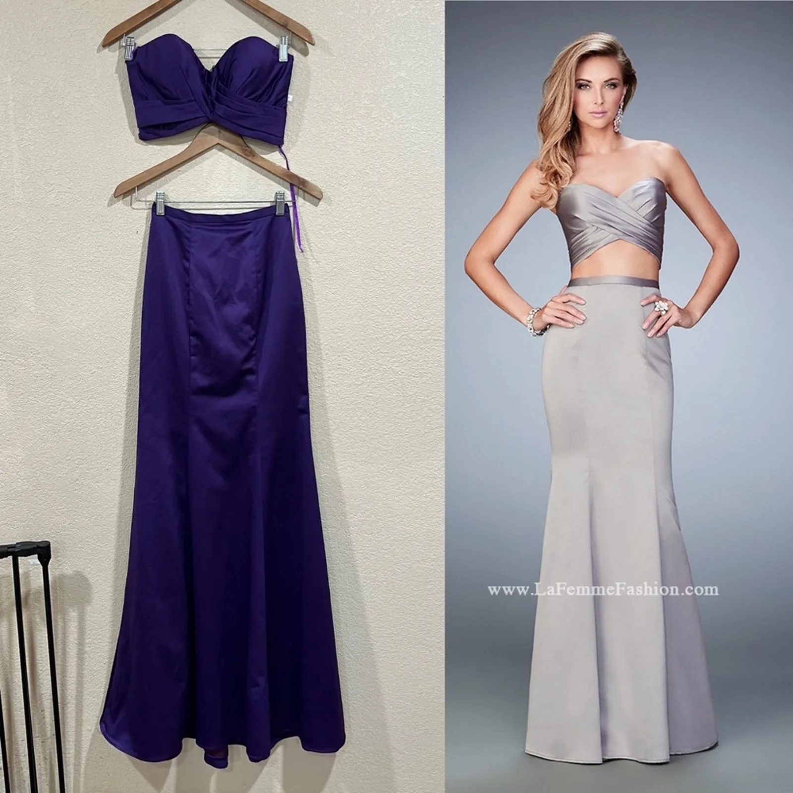 NWT NEW La Femme 22207 purple satin crossed pleated two piece prom dress - Image 2