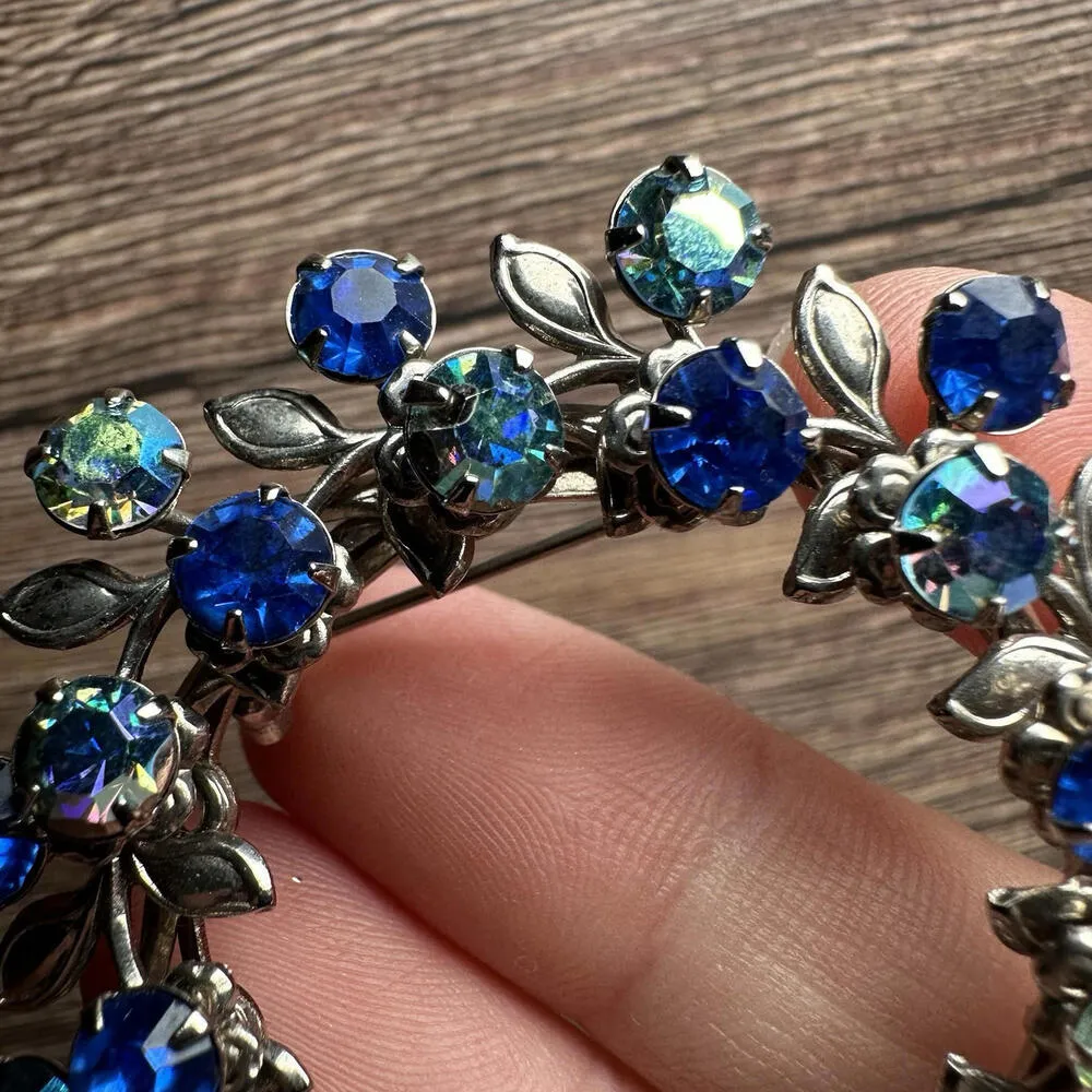 Vintage Blue And AB Aurora Borealis Rhinestone Brooch Pin Silver Tone - Image 5