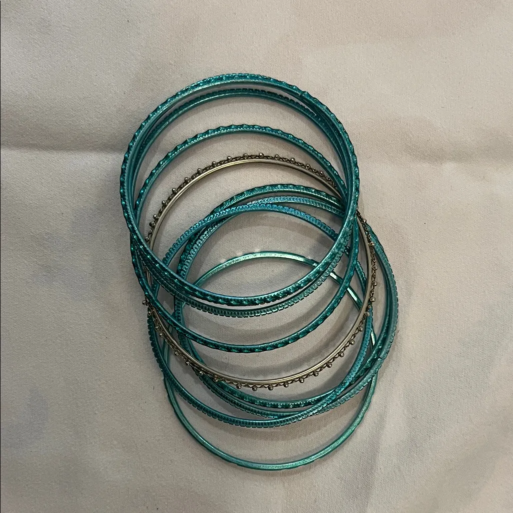 Teal and Silver Bangle Set Blue - Image 2