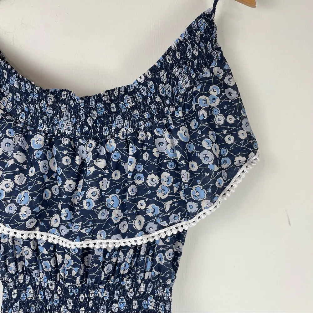 Eva Mendes Blue Floral Off Shoulder Smocked Waist Mini Dress Ruffle Hem Sz Small - Image 10