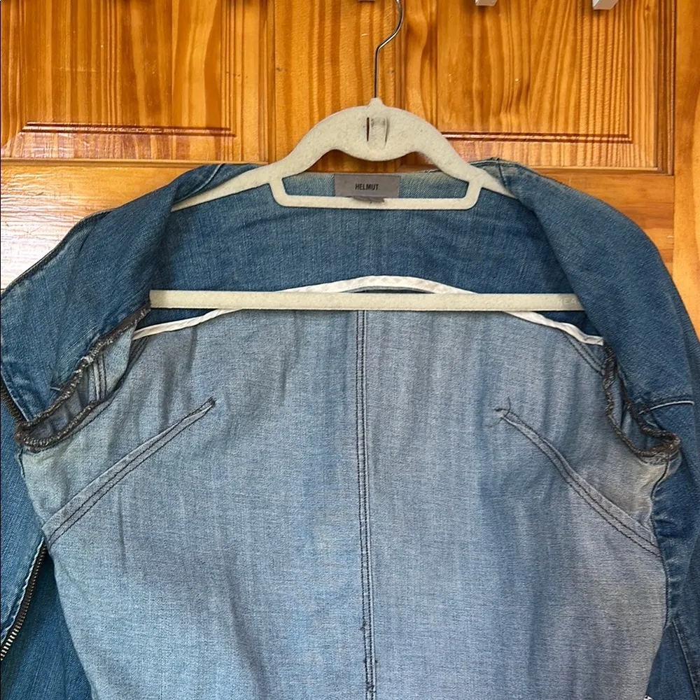 Helmut Lang Blue Jean Jacket with Moto Style and Asymmetrical Zipper - Image 7