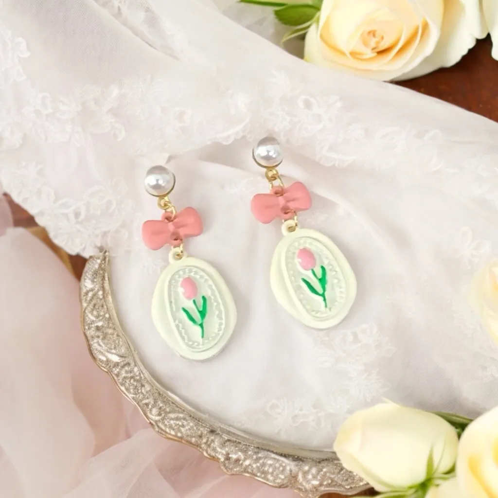 Cute Tulip White Earrings‎ Elegant Pink Bowknot Dangle Earrings - Image 2