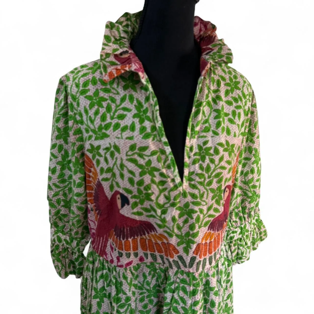 Be Boho Natural Wear Dress with Green Leaf and Parrot pattern Sz S - Image 4