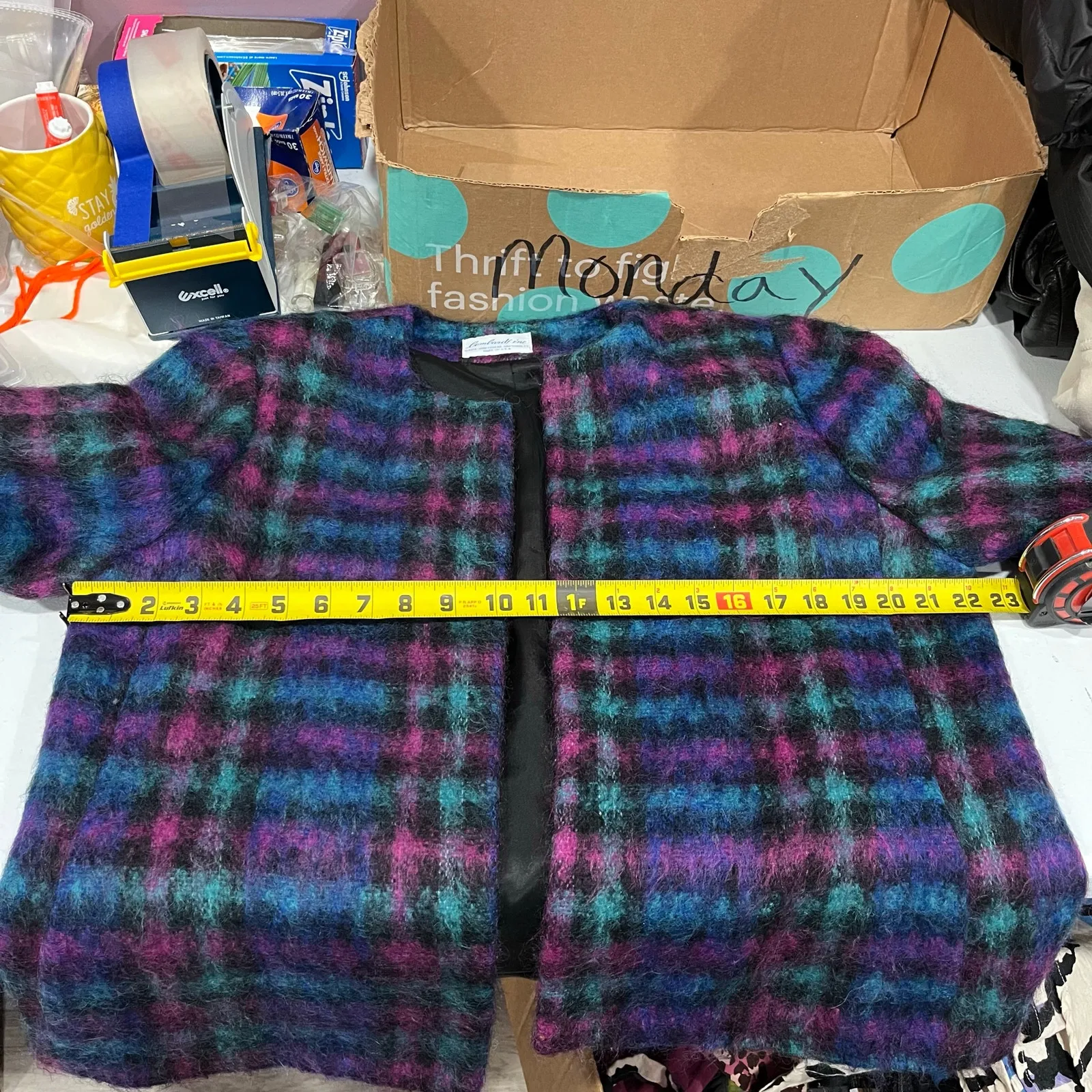 Vintage Lombardi Open Front Colorful Fuzzy Plaid Blazer Jacket Womens Medium 80s Blue - Image 9