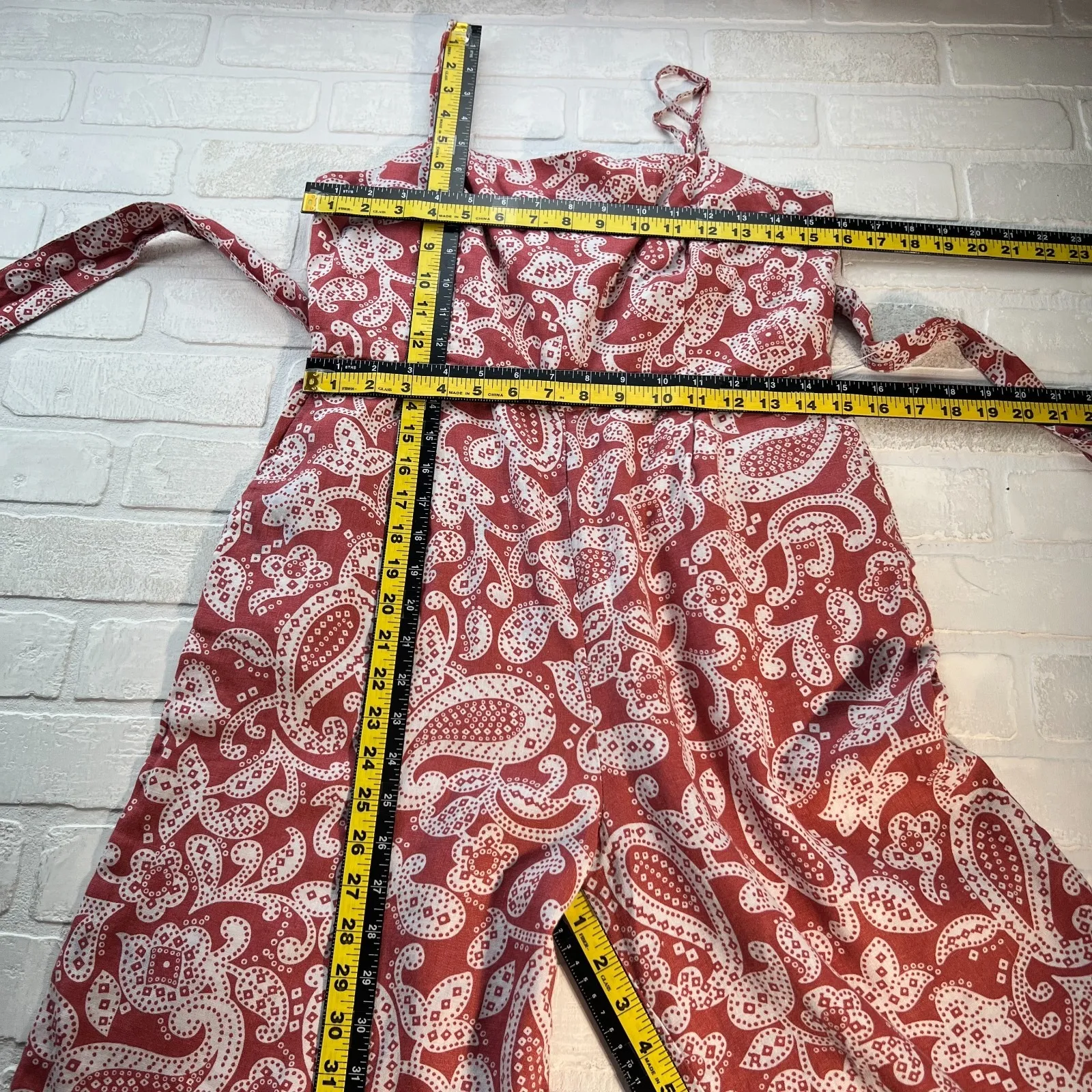 BODEN Jumpsuit Womens 8P 8 Petite Wide Leg Paisley 100% Linen Belted Terracotta Red - Image 2