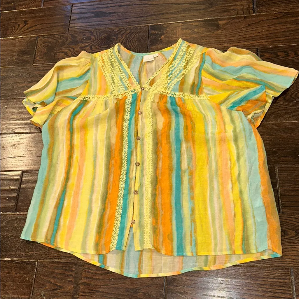 Sharagano Yellow and Blue Striped boho Blouse size 1X - Image 2