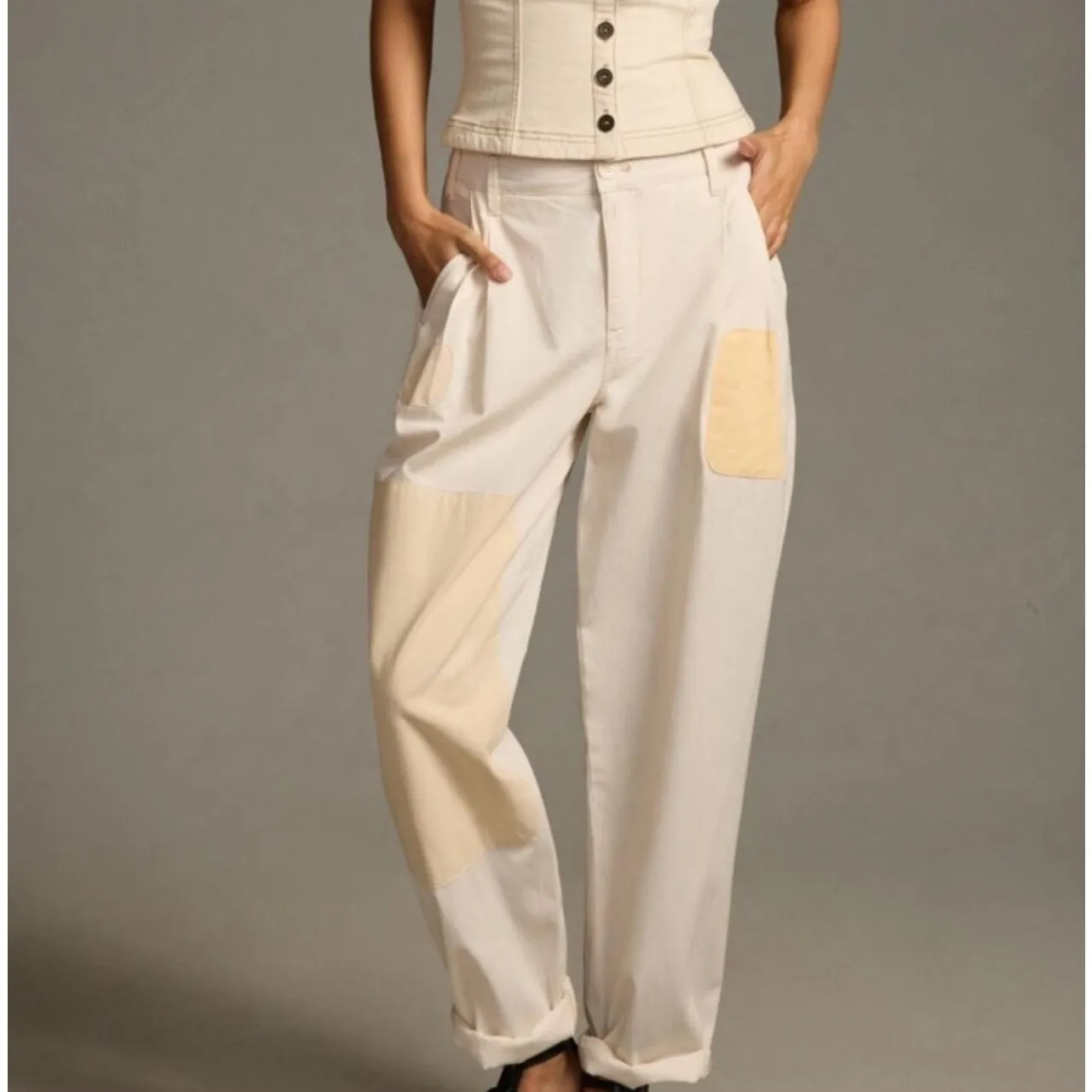 PILCRO x ANTHROPOLOGIE Pants SZ 29 Petite Rolled Hem Chino Patchwork Utility NWT - Image 3