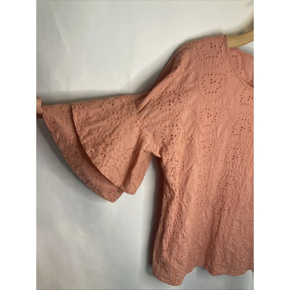 Liz Claiborne Career Peach Women’s Eyelet Top 3/4 Bell Sleeve 100% Cotton L - Image 2