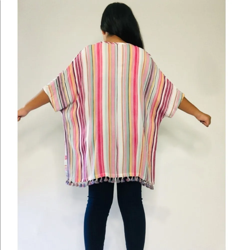 Main Strip Women Pink Striped Summer Beach Tunic Wrap Up Kimono Size Medium - Image 7
