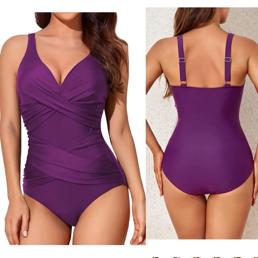 Smismivo Tummy Control Swimsuit XXXL Slimming One Piece‎ Retro Ruched Purple NEW Size undefined - Image 2