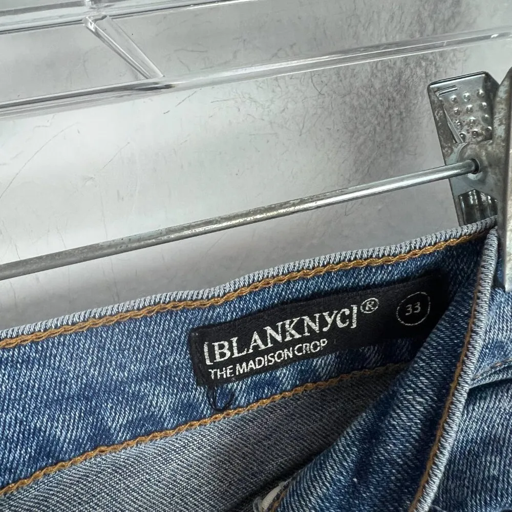 Blank NYC The Madison Crop Jeans High-Rise Crop Raw Hem Medium Wash Size 33 EUC - Image 5