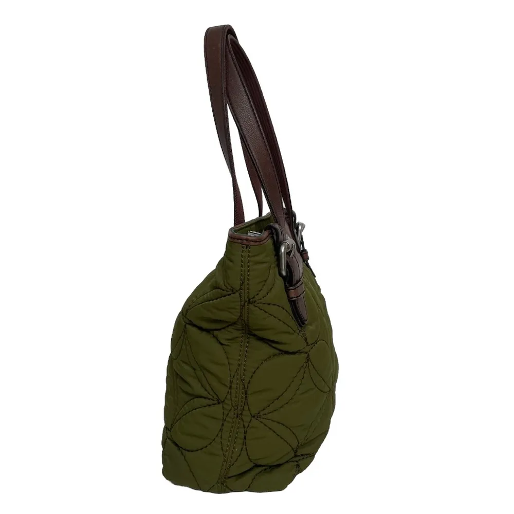 Vintage  Quilted Purse Tote Flower Boho Leather Zipper Olive Green Brown - Image 5