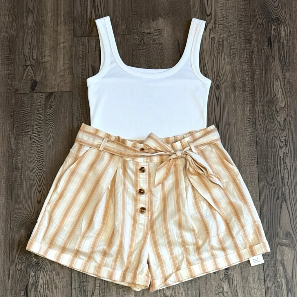 CUPSHE Apricot Stripe Tie Waist Pocket Shorts Cotton Women’s Sz XL High Rise New - Image 9