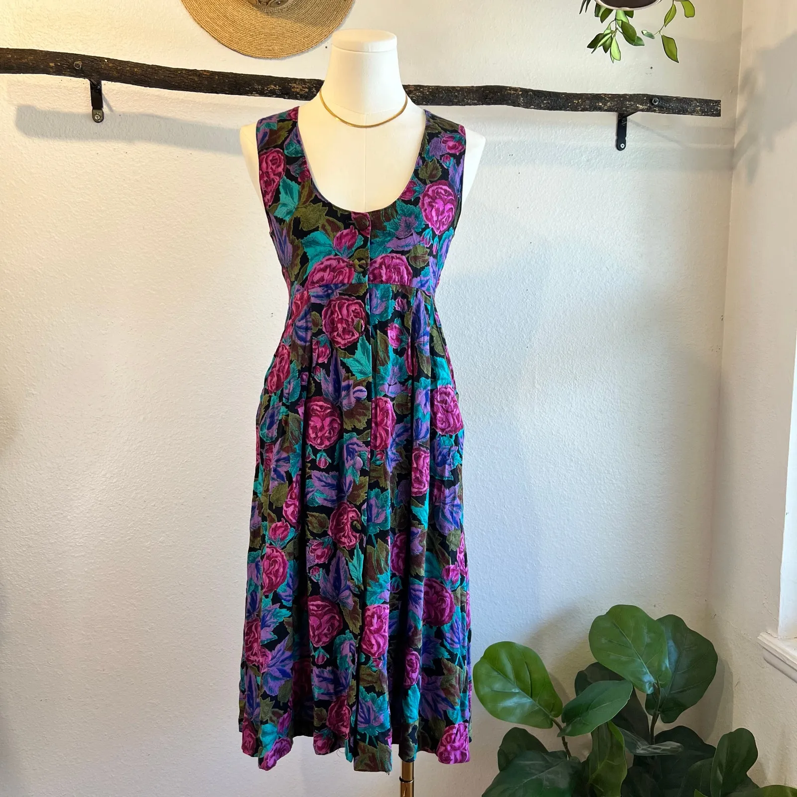 Vintage Handmade Bright Floral Print Sleeveless Button Front Midi Dress XS/Small - Image 11