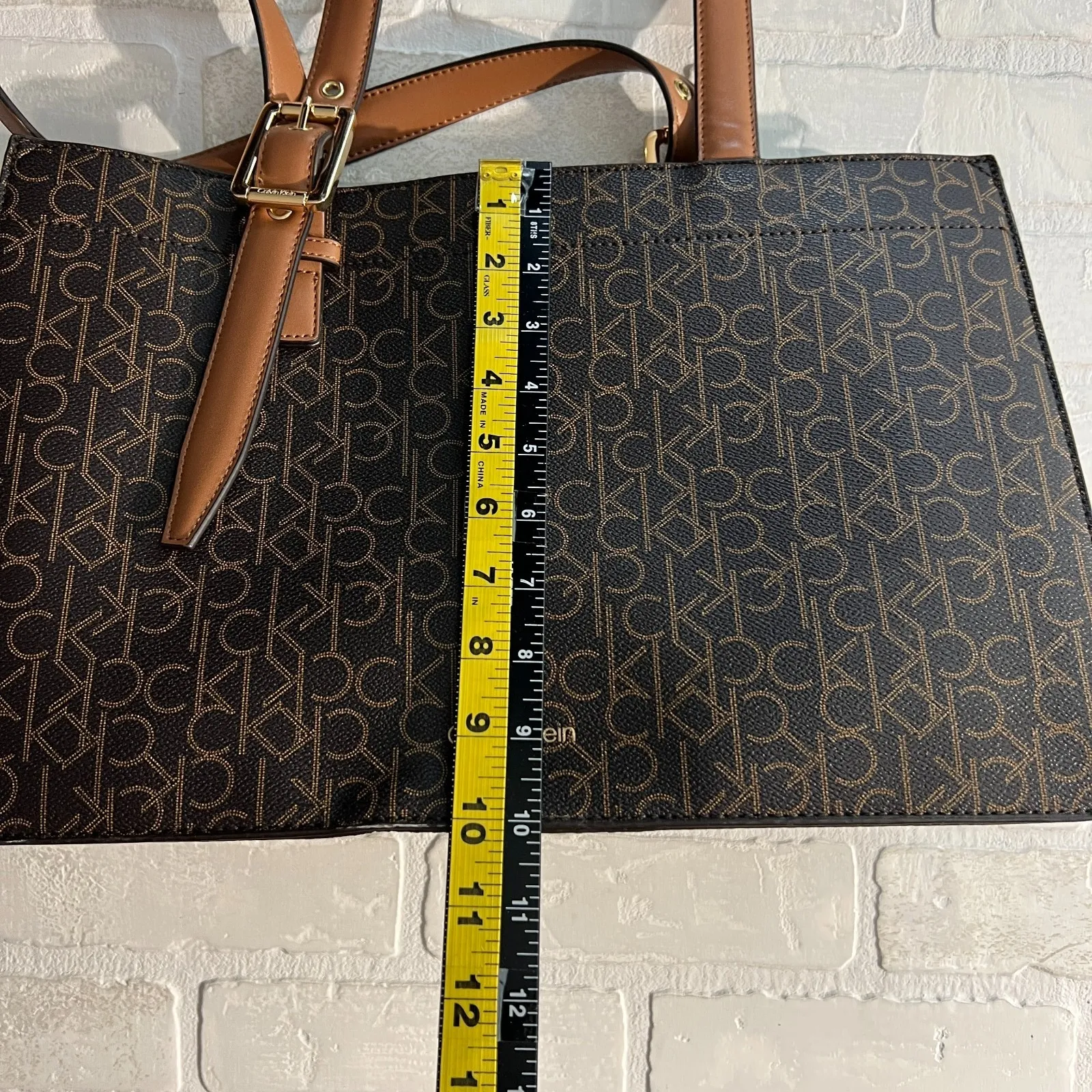 Calvin Klein Signature Tote Shoulder Bag Brown CK Monogram‎ Print Brown Leather - Image 15