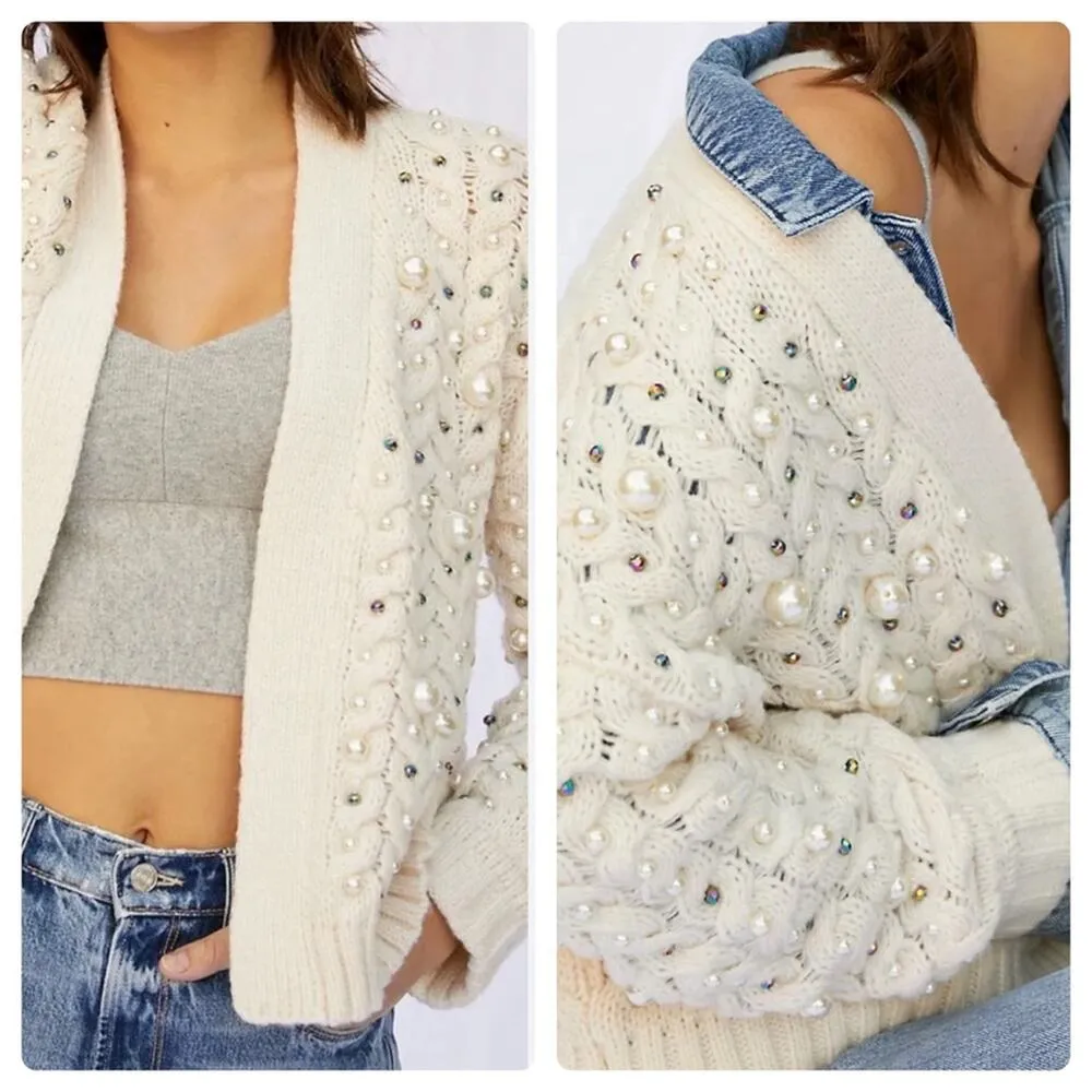 Anthropologie Embellished Pearl Open Cream Cardigan - Image 16