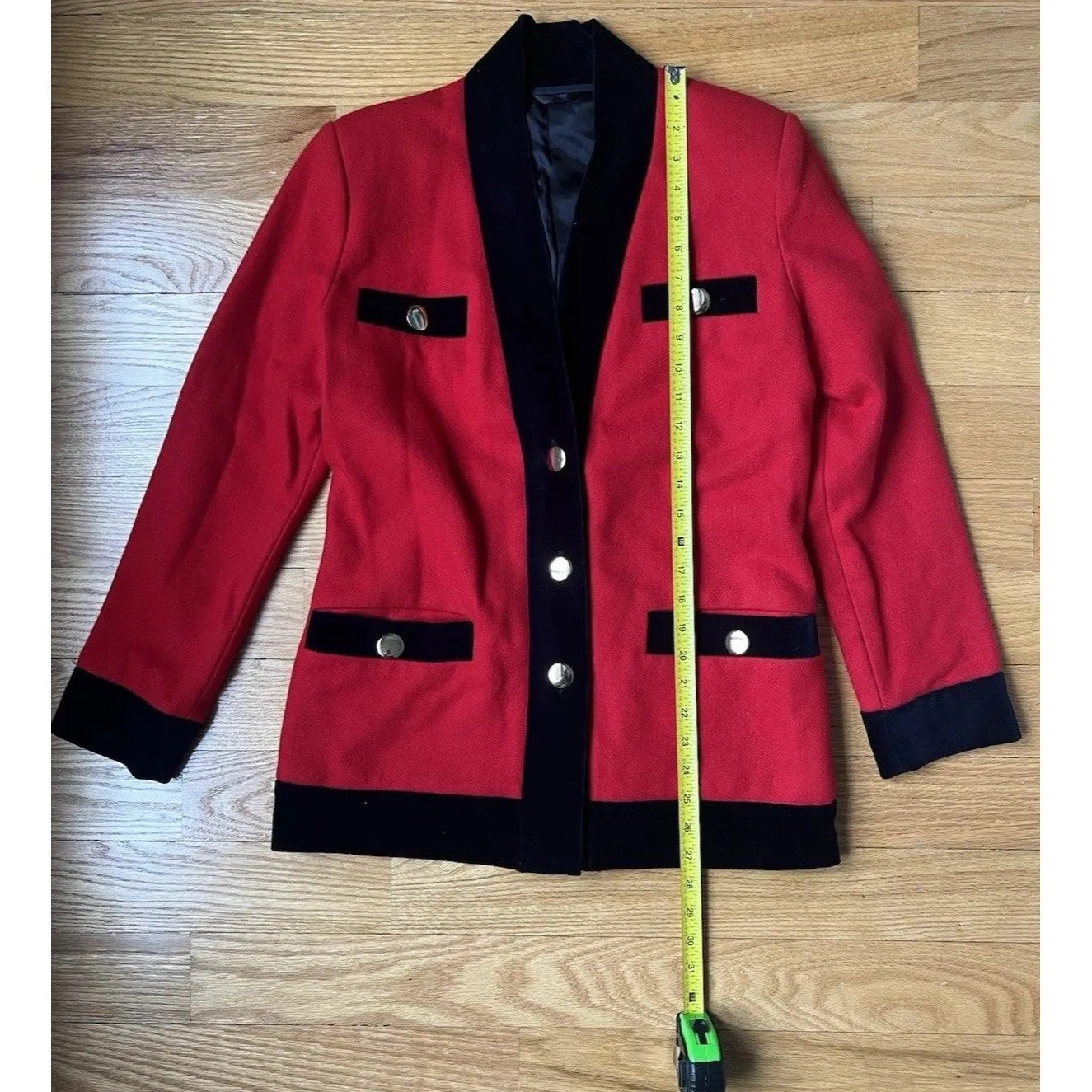 Red Velvet Black Trim Novelty Button Jacket Blazer Express Size Medium - Image 7