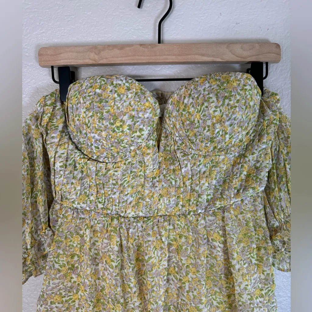 ASTR The Label Yellow Multi Floral Off The Shoulder Two Tier Mini Dress XS - Image 8