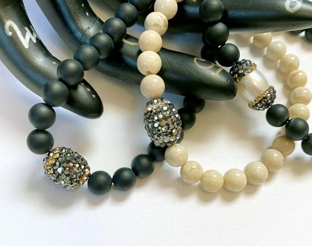 Gemstone Bracelet Stack Of Three Beaded Bracelets With Egg CZ Focal Beads - Image 4