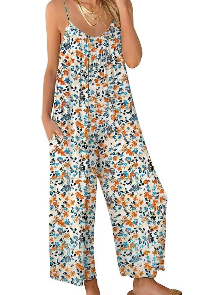Fantaslook Orange Blue Floral Print Wide Leg Jumpsuit Size M - Image 5