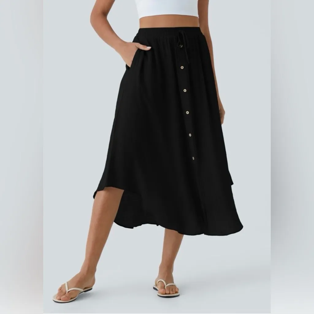 Halara High Waisted Drawstring Pocket Flowy Midi Casual Skirt - Image 3