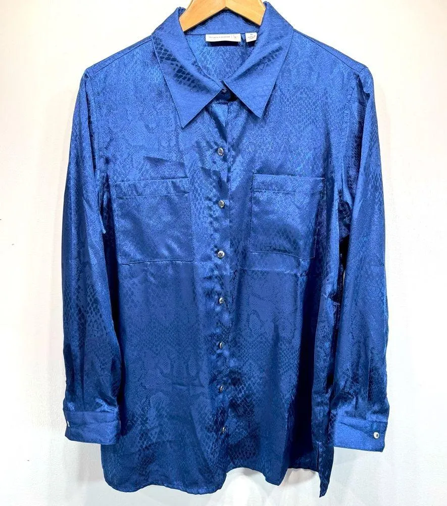 Royal Blue Snakeskin Textured Long Sleeve Button Front Tunic Size M - Image 2