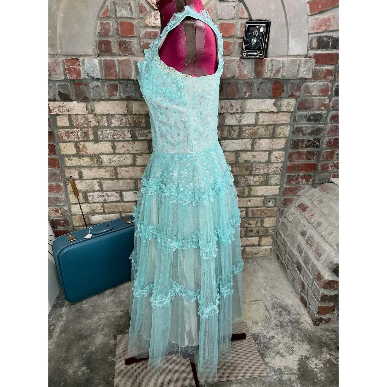 formal dress prom 1950s floral princess tulle aqua blue Green - Image 6