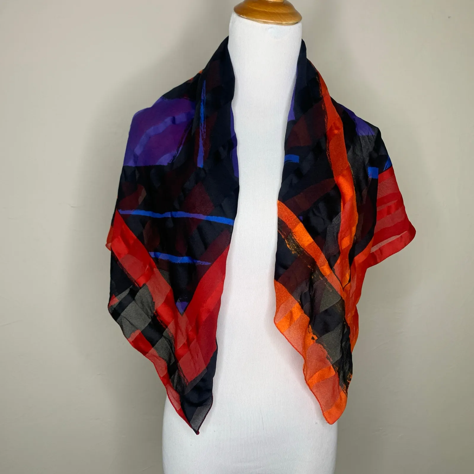 Vintage Italy Chiffon Bright Geometric & Stripe Scarf 35 x 33" Red - Image 5