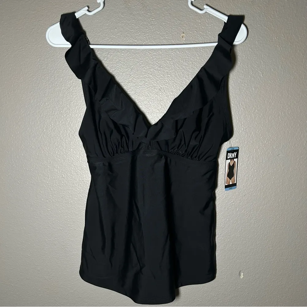 NEW DKNY black ruffle plunge neck tankini swim top women’s size large - Image 2