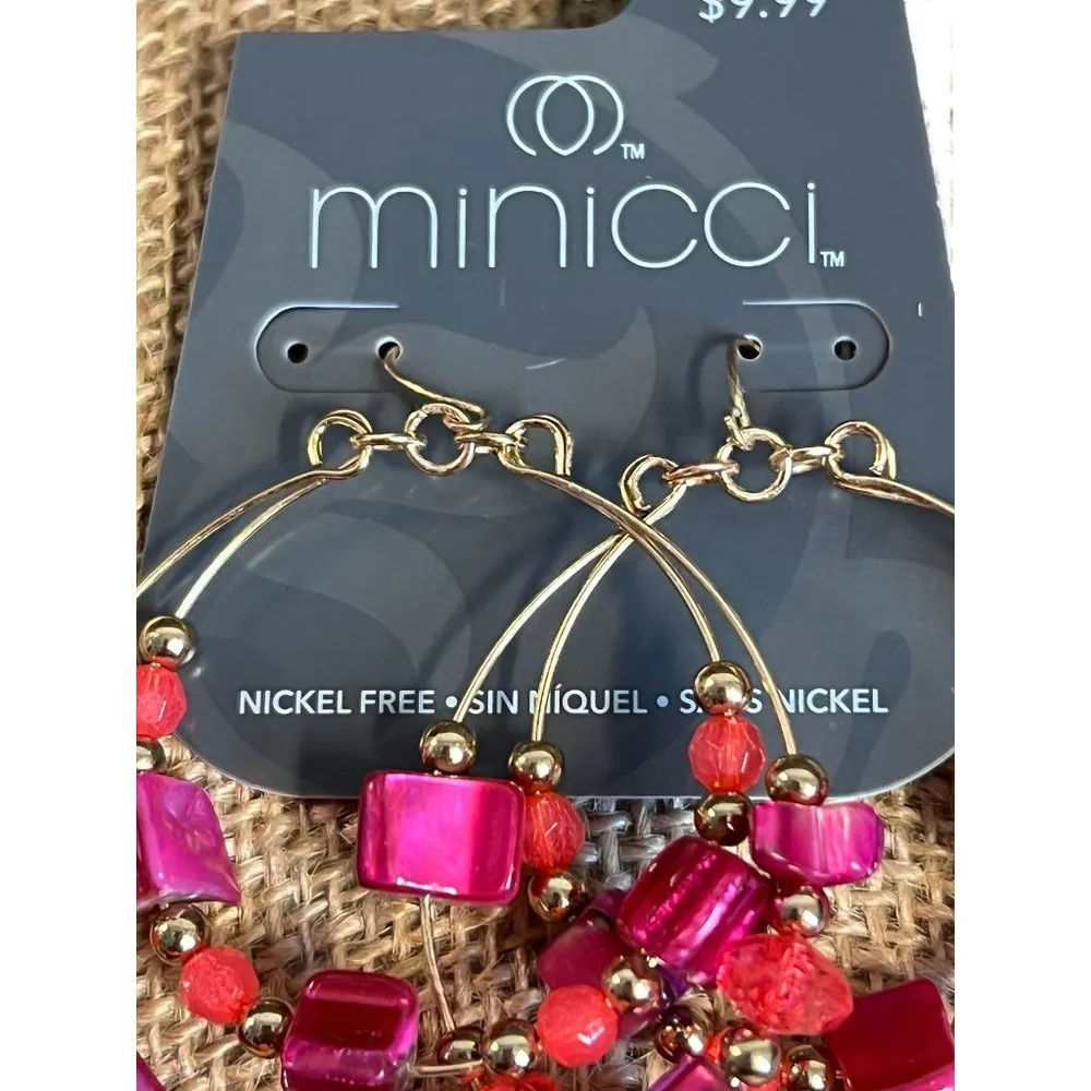 Minicci dangle pierced earrings gold tone double hoop shell beads NEW - Image 3