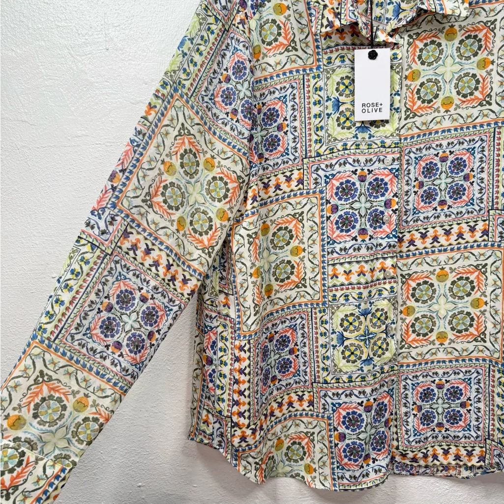 Rose + Olive Blouse Womens XL Multicolor Italian Tile Mosaic Button Front - Image 3