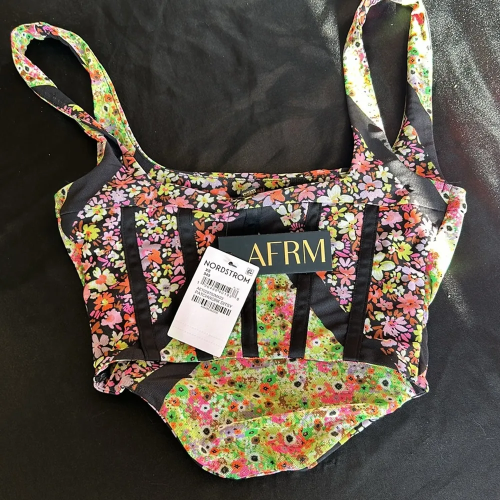 AFRM Emmelle Floral Mesh Corset Crop Top in Patchwork Ditsy Size XS - Image 3