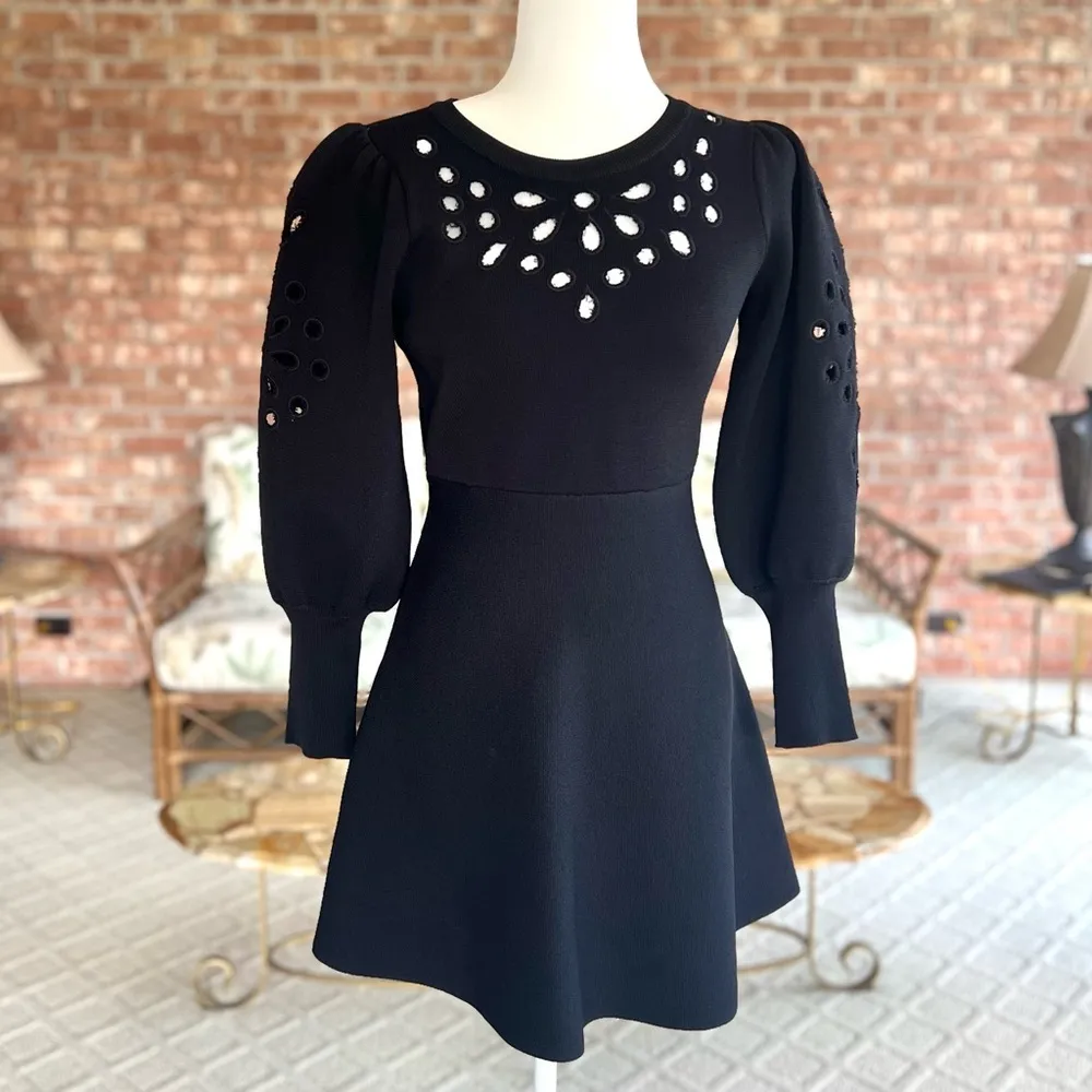 Express Dress Long Puff Ballon Sleeve Eyelet Knit SP Skater Cocktail Party Chic - Image 4