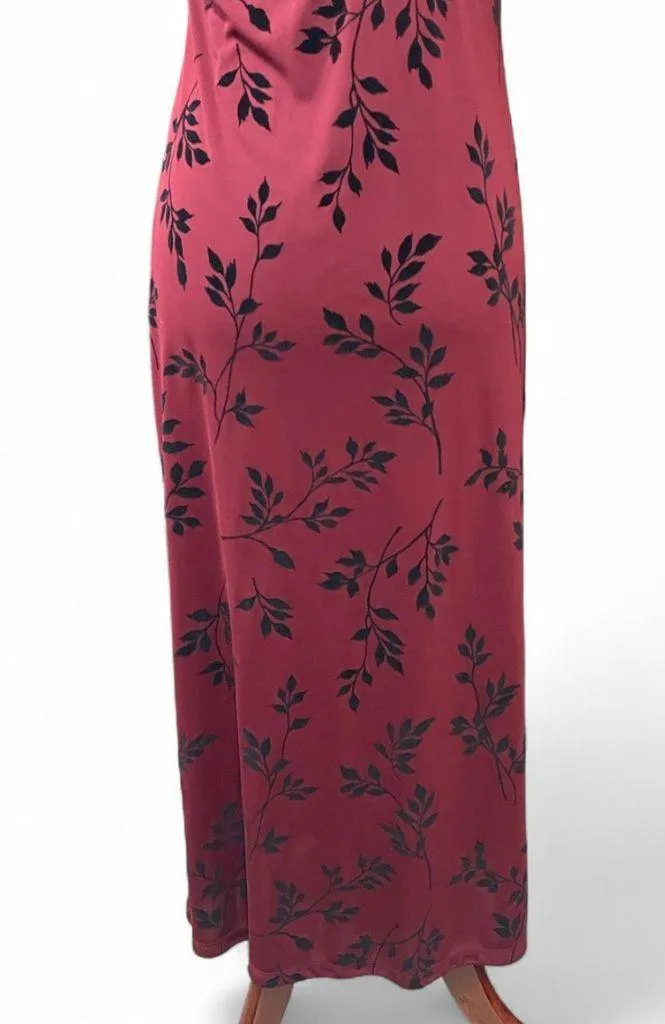 Vintage 90s Goth Liz Claiborne Burgundy Black Leaf Print Maxi Dress Petite M - Image 5