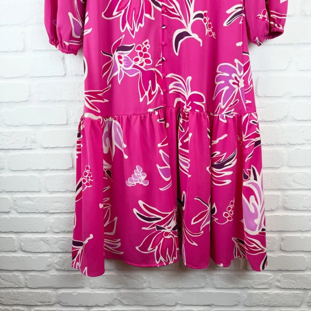 Yakira Bella Pink Floral Gwenyth Dress Botton Down Tiered Skirt Pleated Waist L Size L - Image 7